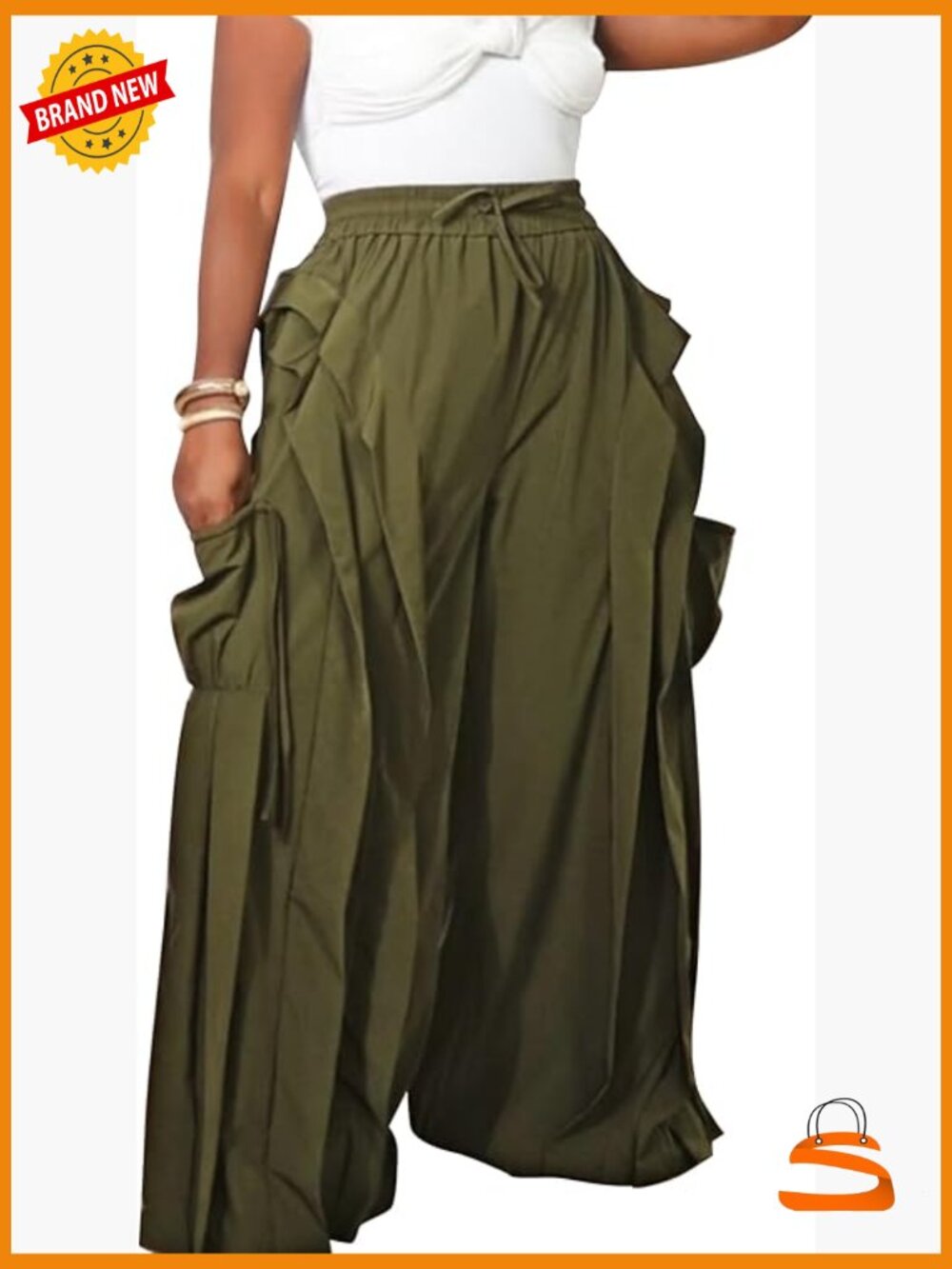 Baggy Cargo Pants Ruffle High Waisted Wide Leg Drawstring Y2K